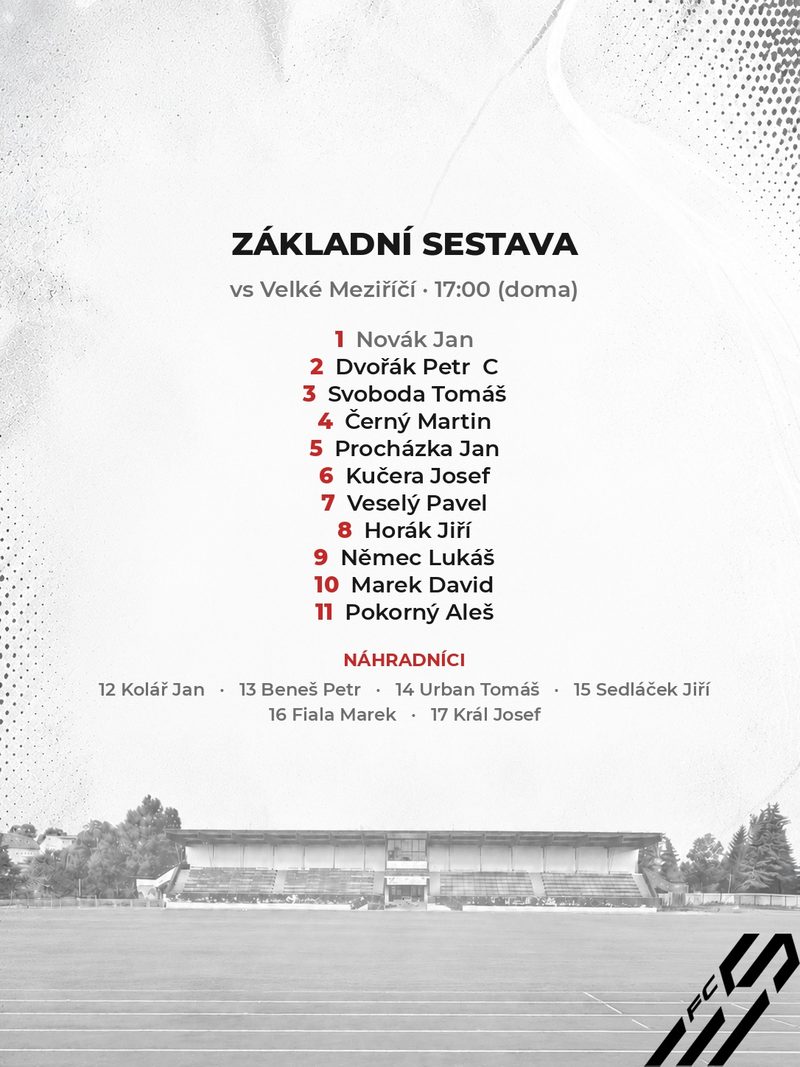 Základní sestava před zápasem — čísla, jména hráčů a náhradníci